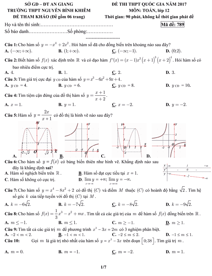 Đề thi thử THPT Quốc gia 2017 môn Toán trường THPT Nguyễn Bỉnh Khiêm – An Giang Đề thi thử THPT Quốc gia năm 2017 môn Toán