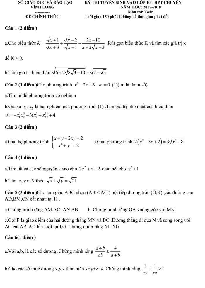 Đề thi vào lớp 10 môn toán 2017