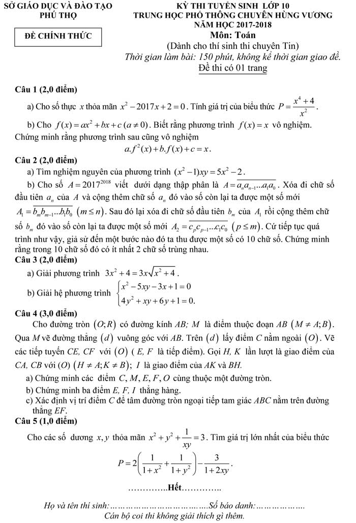 Đề thi vào lớp 10 môn toán 2017