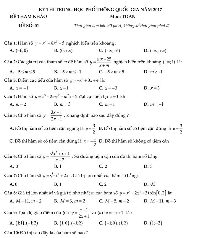 25 đề thi thử THPT quốc gia 2017 môn Toán chuẩn Cấu trúc của Bộ Giáo dục và đào tạo (Có đáp án) Đề thi thử THPT quốc gia 2017 môn Toán