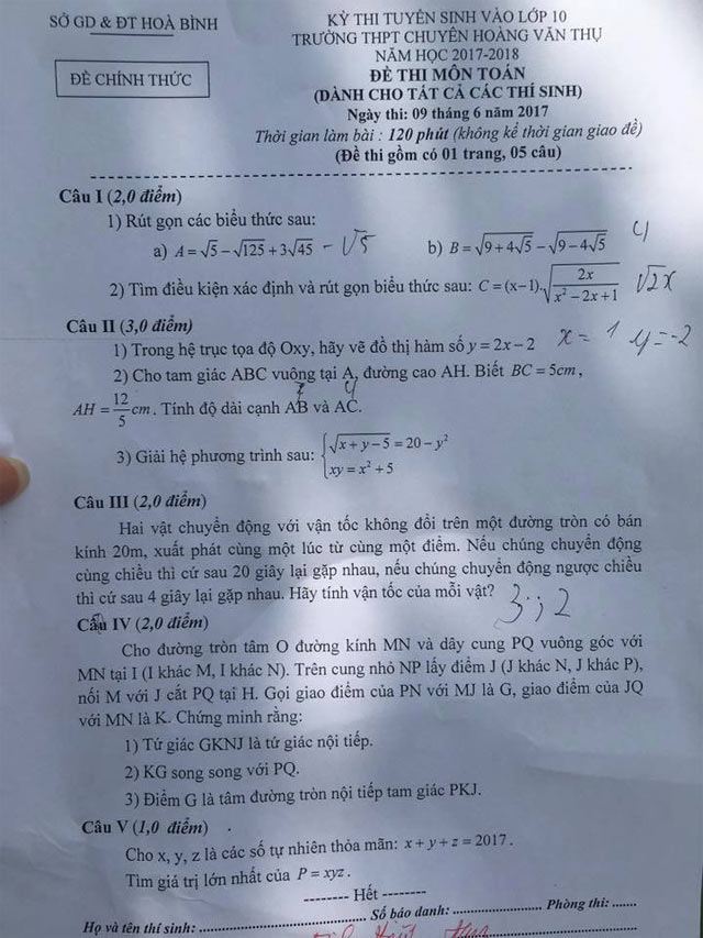 Đề thi vào lớp 10 môn Toán trường THPT chuyên Hoàng Văn Thụ, Hòa Bình