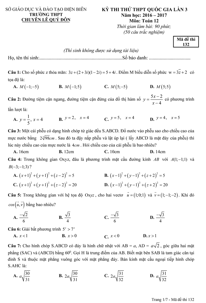 Đề thi thử THPT Quốc gia 2017 môn Toán
