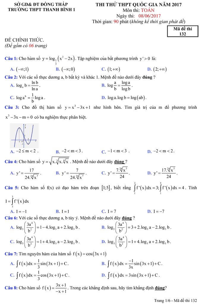 Đề thi thử THPT Quốc gia 2017 môn Toán