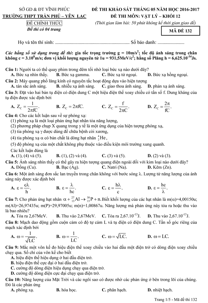 Đề thi thử THPT Quốc gia 2017 môn Vật lý