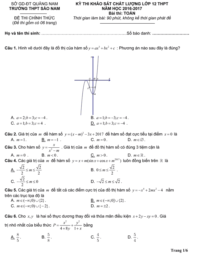 Đề thi thử THPT Quốc gia 2017 môn Toán