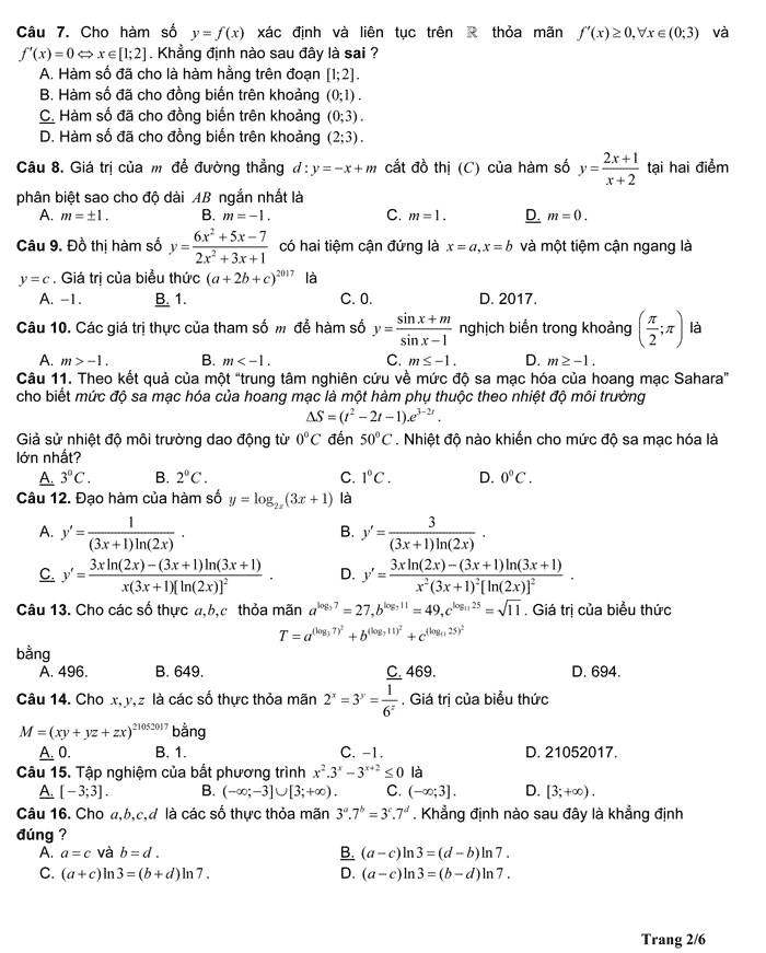 Đề thi thử THPT Quốc gia 2017 môn Toán