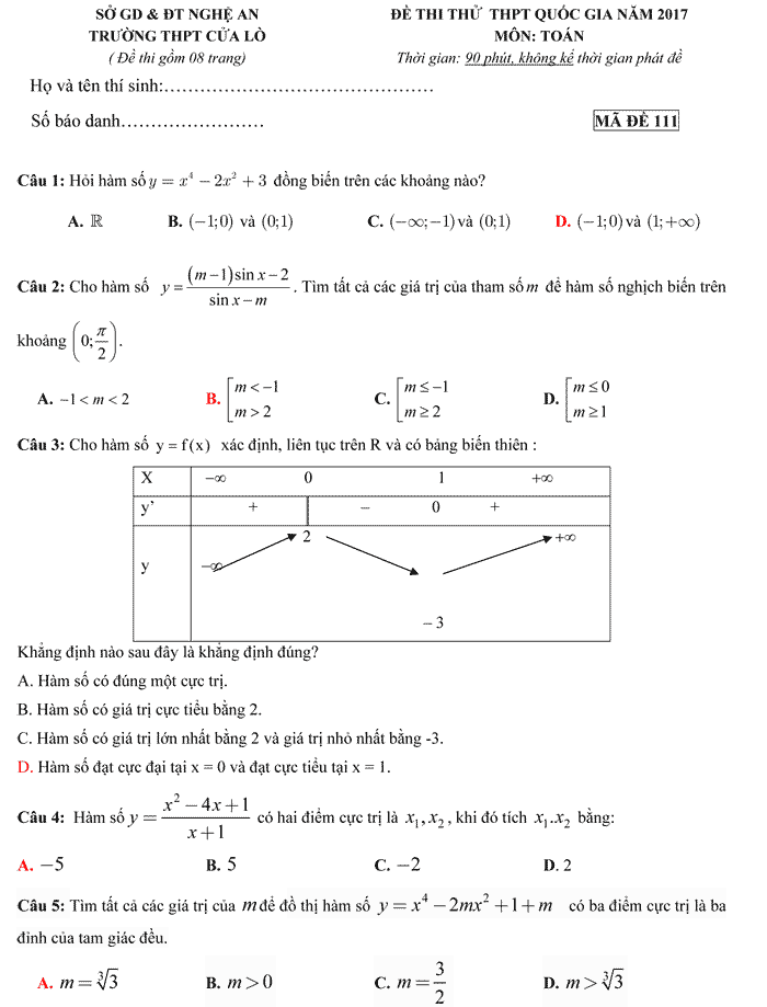Đề thi thử THPT Quốc gia 2017 môn Toán
