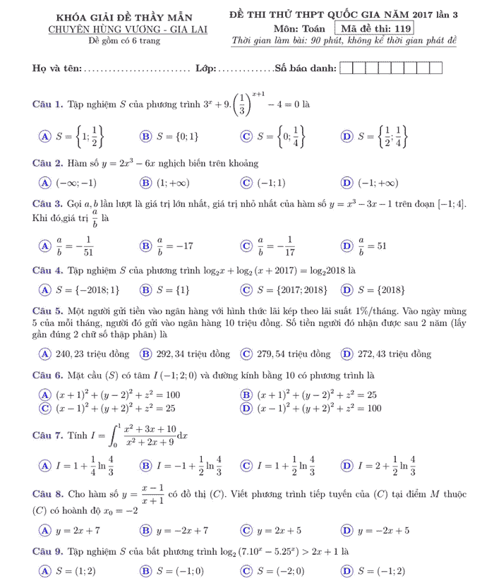 Đề thi thử THPT Quốc gia năm 2017 môn Toán