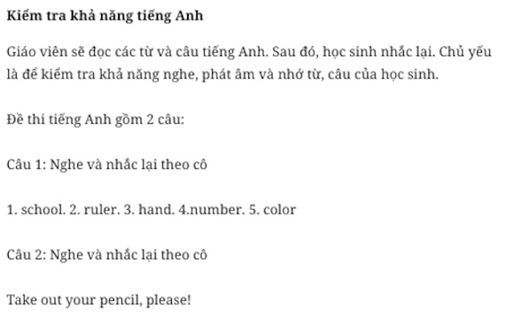 Cấu trúc bài kiểm tra đầu vào lớp 1