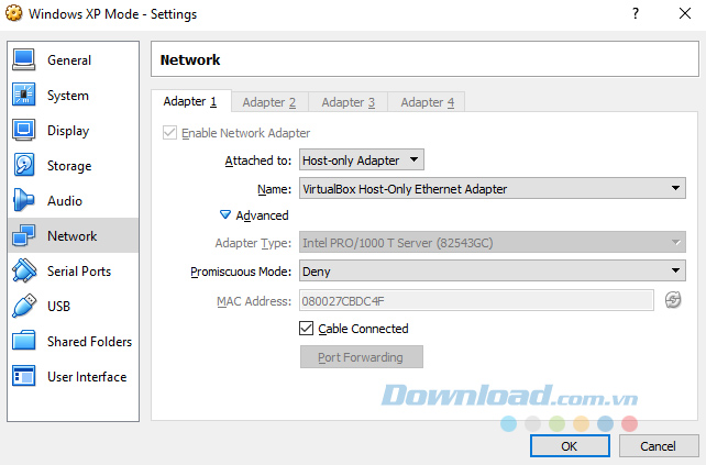 Cài đặt mạng: Host-only Adapter