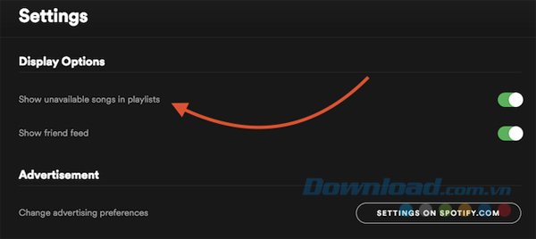 Bật Show unavailable songs in playlists.