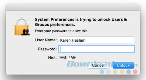Nhận gợi ý mật khẩu cho mật khẩu Mac