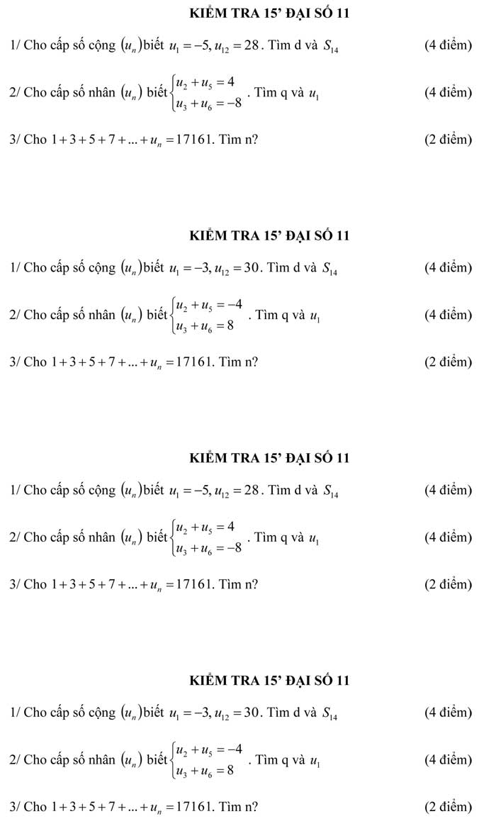 Đề kiểm tra 15 phút môn Đại số lớp 11