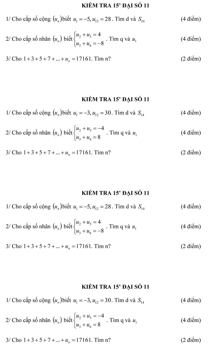 Đề kiểm tra 15 phút môn Đại số lớp 11