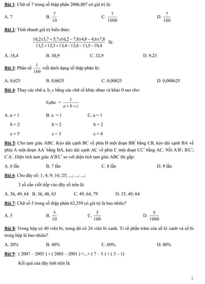 100 bài Toán trắc nghiệm lớp 5 - Bài tập toán lớp 5 