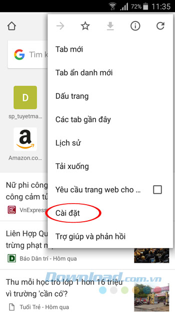 Mục Cài đặt trên Google Chrome