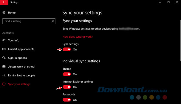 Sync settings