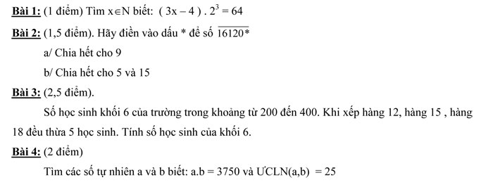 Đề kiểm tra môn Toán lớp 6