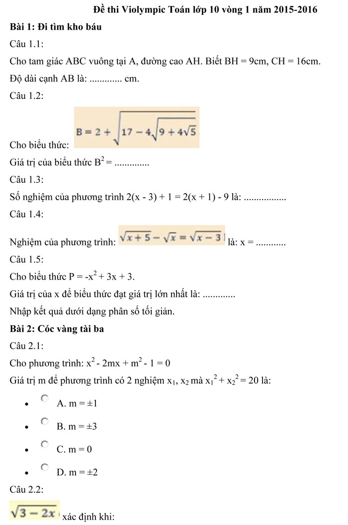 Đề thi Violympic Toán lớp 10 vòng 1