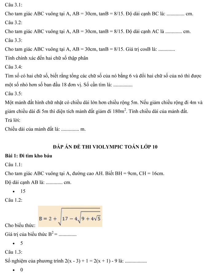 Đề thi Violympic Toán lớp 10 vòng 1