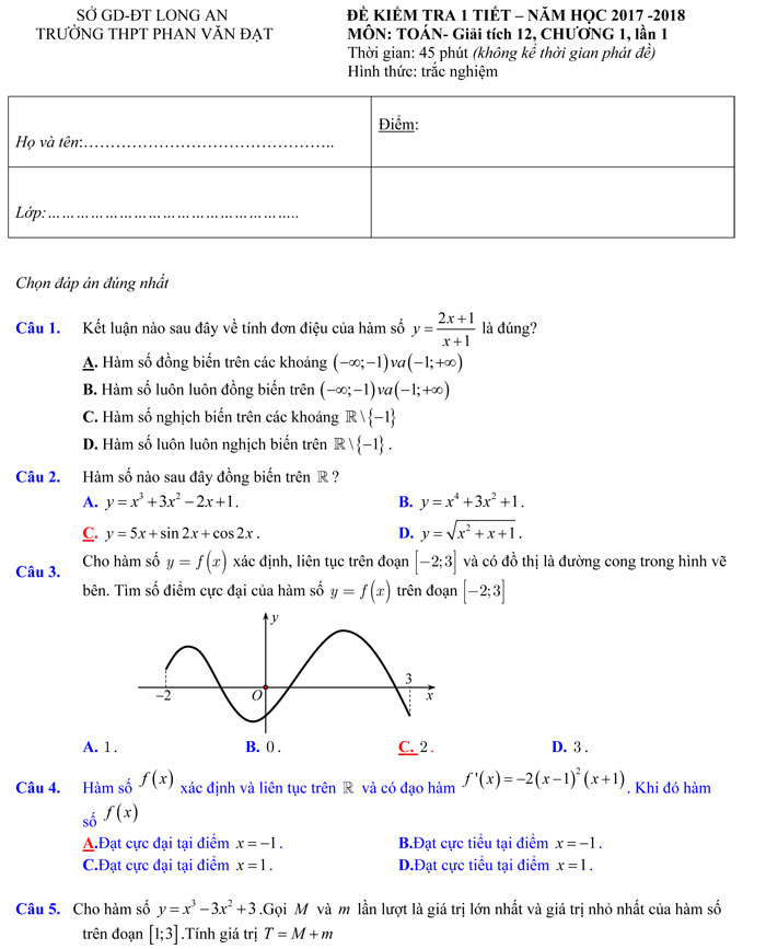Đề kiểm tra 1 tiết chương 1 môn Đại số lớp 12