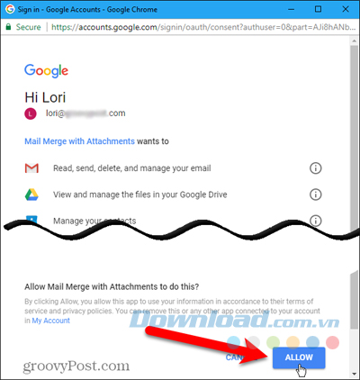 Cho phép tiện ích truy cập vào tài khoản Gmail