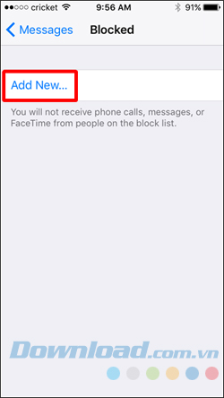 Chạm vào Blocked trong mục phụ SMS/MMS