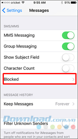 Chạm vào Blocked trong mục phụ SMS/MMS