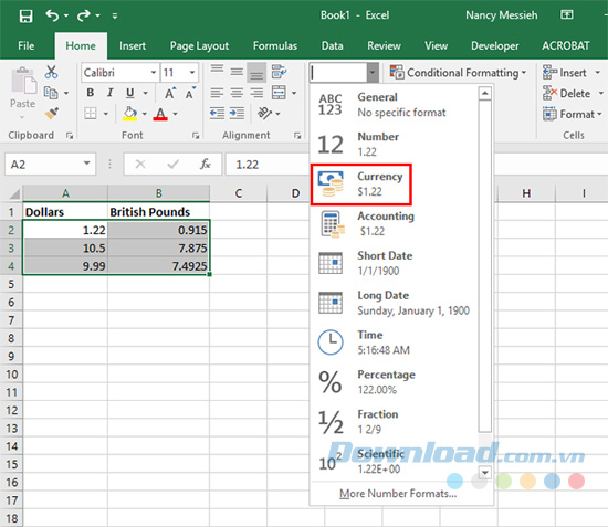 Cách sử dụng các ký hiệu tiền tệ khác nhau ở ô cụ thể trong Excel