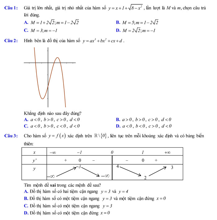 Đề kiểm tra giữa kỳ I môn Toán 12