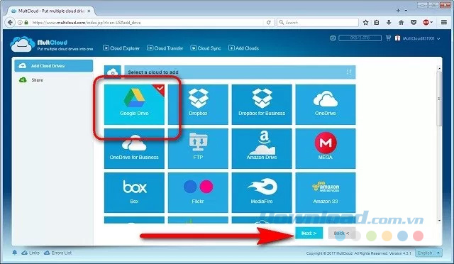 Chọn dịch vụ đám mây và click vào Next