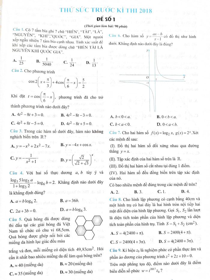 Đề thi thử THPT Quốc gia 2018 môn Toán