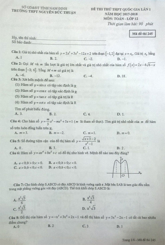 Đề thi thử THPT Quốc gia 2018 môn Toán