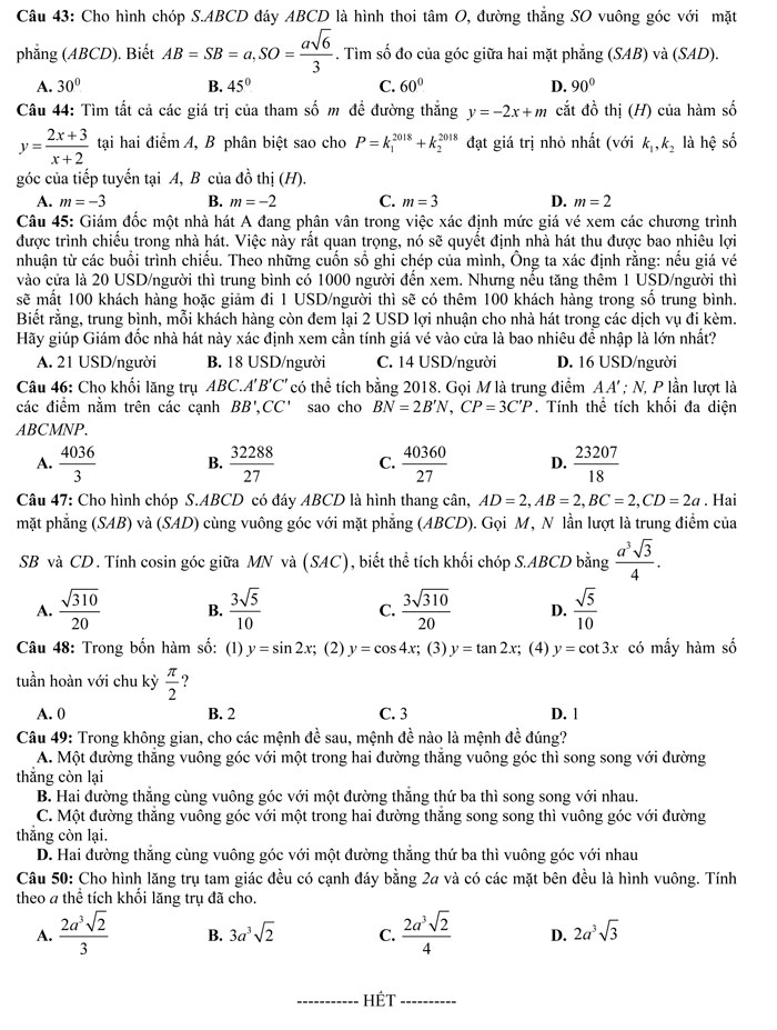 Đề thi thử THPT Quốc gia 2018 môn Toán 