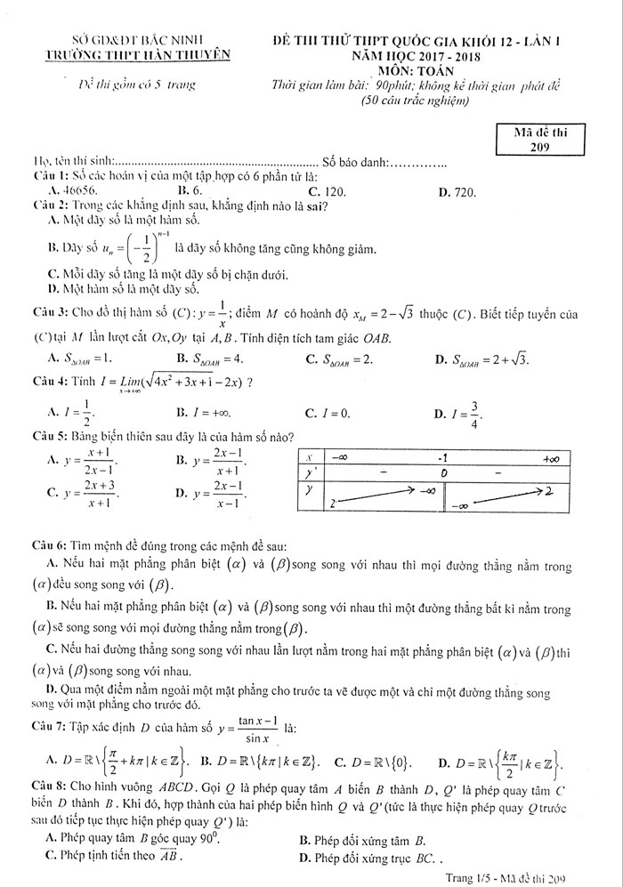 Đề thi thử THPT Quốc gia 2018 môn Toán