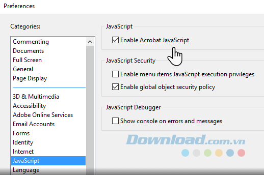 Tích vào Enable Acrobat JavaScript