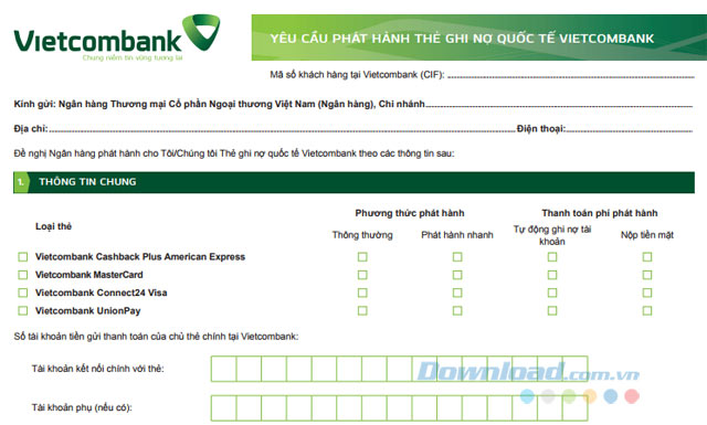 Đơn đề nghị mở thẻ VISA Vietcombank