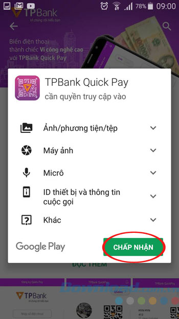 Chấp nhận cài đặt TPBank QuickPay