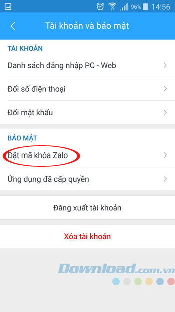 Đặt mã khóa Zalo