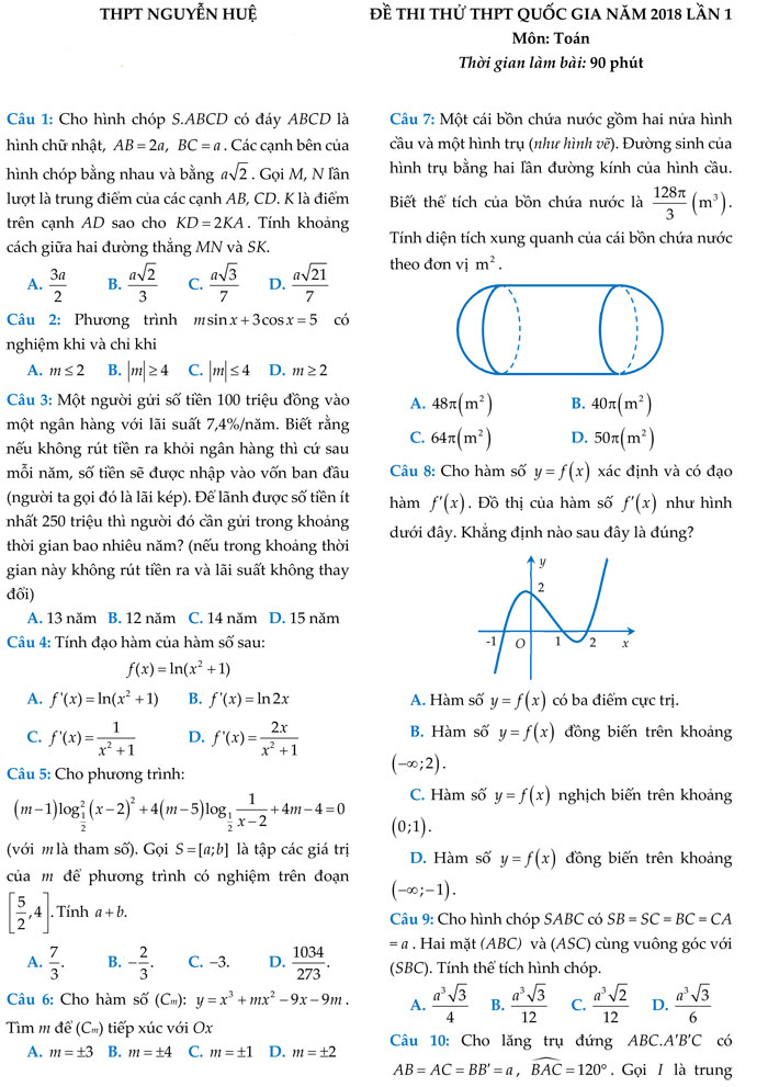 Đề thi thử THPT quốc gia 2018 môn Toán