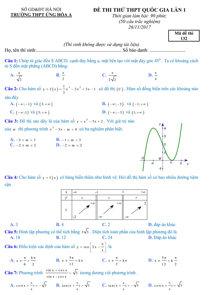 Đề thi thử THPT quốc gia 2018 môn Toán