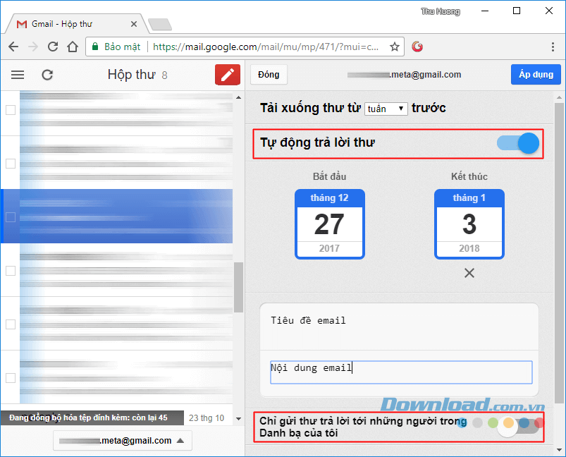 Thiết lập thời gian tự động trả lời mail với Gmail Offline