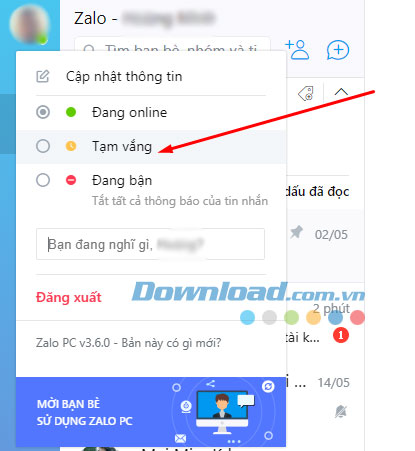 Cách thay đổi trạng thái online trên Zalo PC