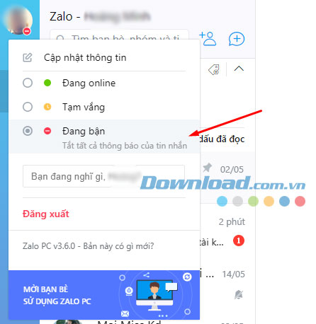 Zalo PC trạng thái