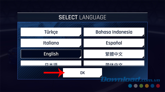 Chọn ngôn ngữ trong game Asphalt 9 Legends
