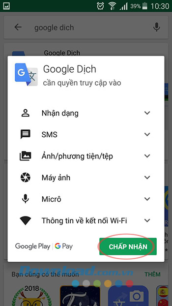 Chấp nhận cài đặt Google Dịch