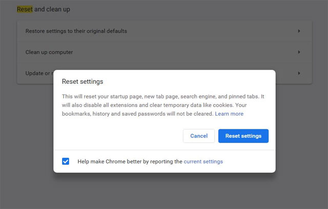 Reset settings Chrome