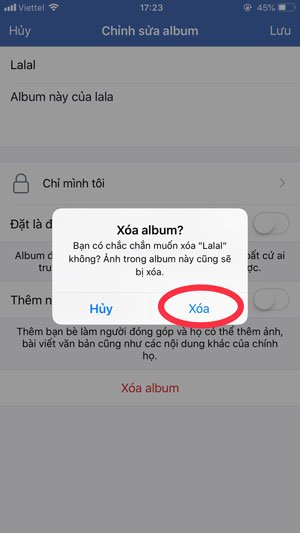 Xác nhận xóa Album ảnh Facebook