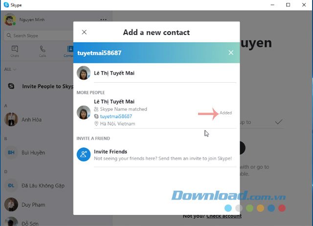 Thêm vào danh bạ Skype thành công