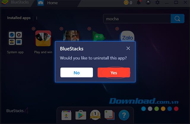 Đồng ý gỡ ứng dụng trong BlueStacks
